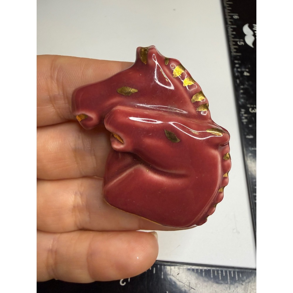 Vintage Ceramic Horse Head Brooch Burgundy Gold Leaf Equestrian Pin